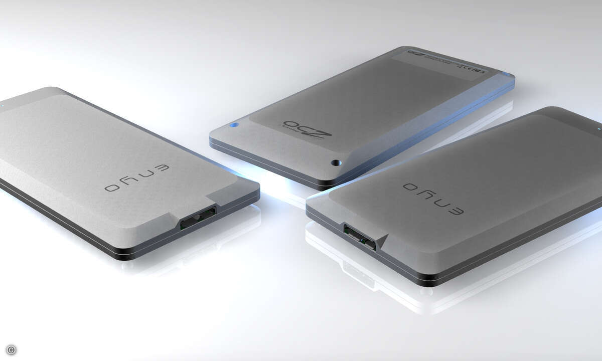 Die drei Enyos von OCZ: Die portablen SSD-Laufwerke stehen mit 64 GByte, 128 und 256 GByte Kapazität zur Verfügung.