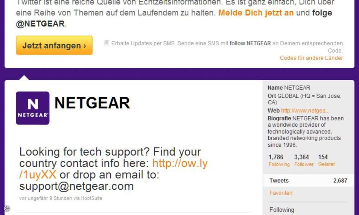 Über ihren Twitter-Account postet Netgear Infos rund um ihre Produkte.