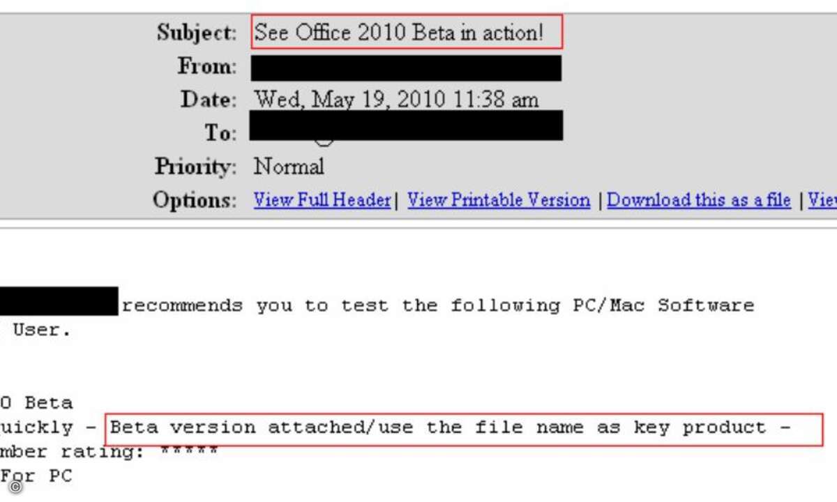 Mit Spam-E-Mails wie dieser locken Cyberkriminelle User, die an Office 2010 interessiert sind.