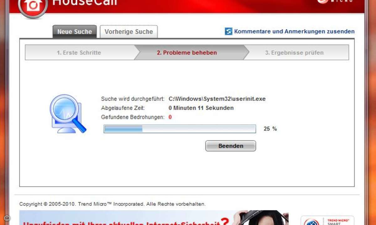 Mit kostenlosen Scan-Tools wie House Call von Trend Micro lässt sich feststellen, ob ein Rechner tatsächlich infiziert ist.