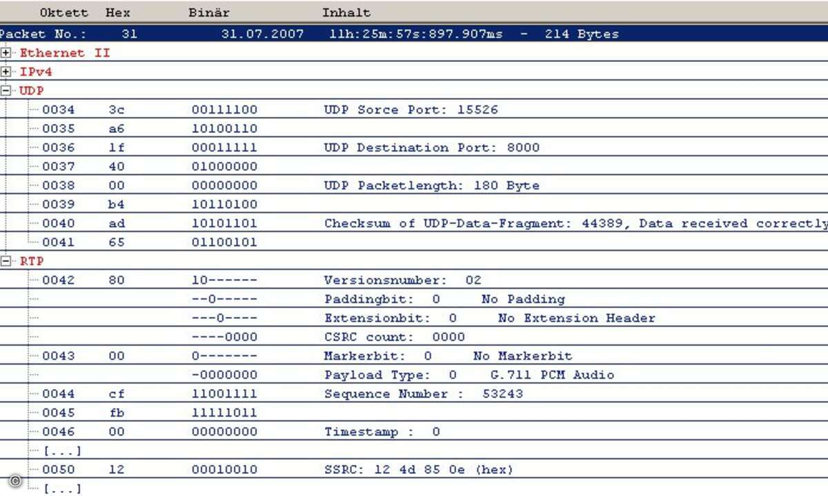 Detailansicht eines VoIP-Pakets