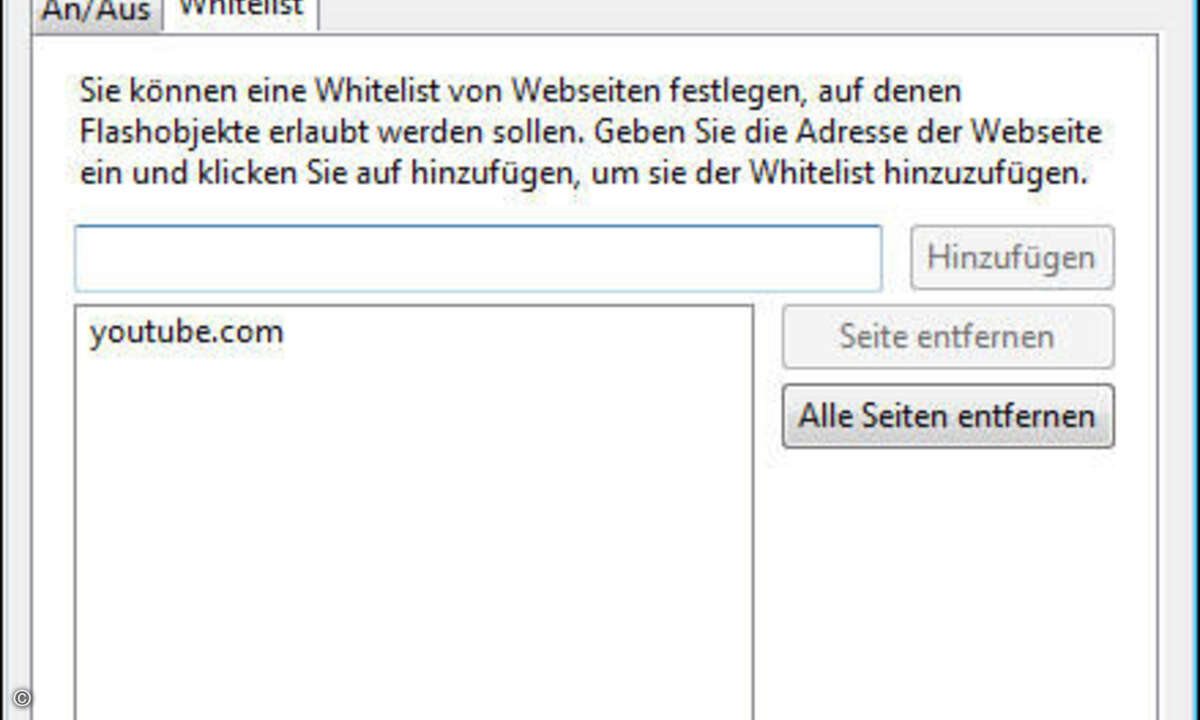 In den AddOn-Einstellungen finden Sie eine Whitelist, über die Sie Seiten wie YouTube generell für Flash freischalten können.