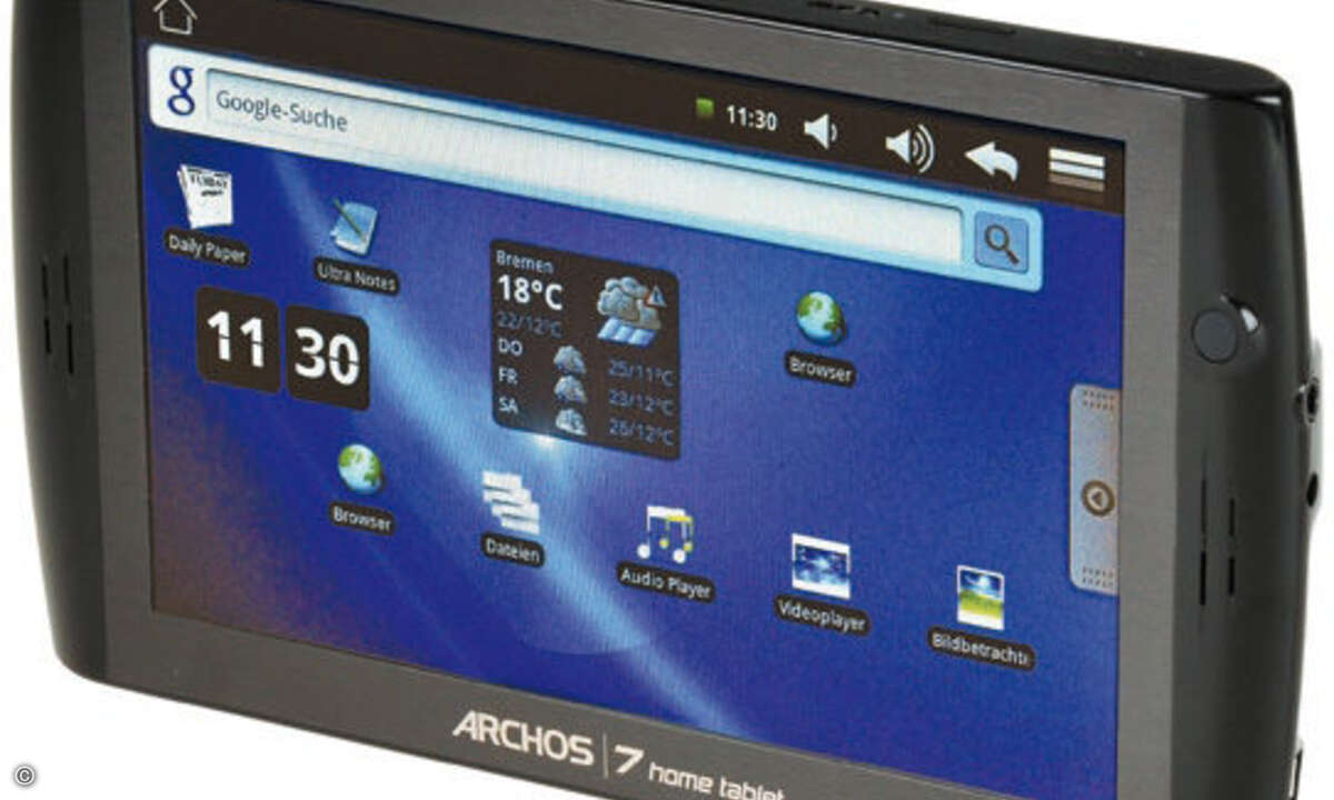 Archos 7 Home Tablet (179 Euro): Prozessor: ARM9 (600 MHz) - Speicher: 8 GByte Flash - Display: 7 Zoll (800 x 480) - Schnittstellen: MicroUSB, Micro SDHC