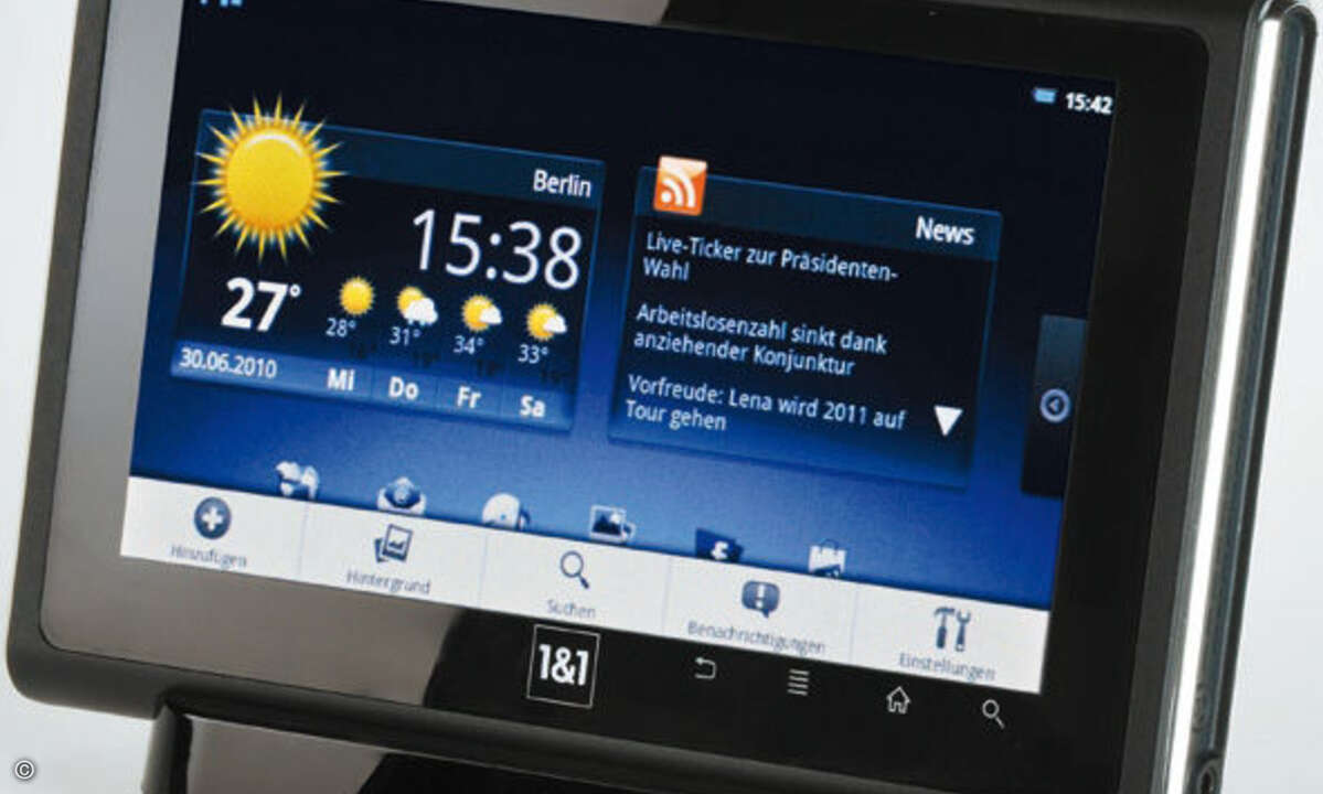 1&1 SmartPad (299 Euro): Prozessor: ARM11 (500 MHz) - Speicher: 256 MByte RAM, 1 GByte Flash - Display: 7 Zoll (800 x 480) - Schnittstellen: USB, SD