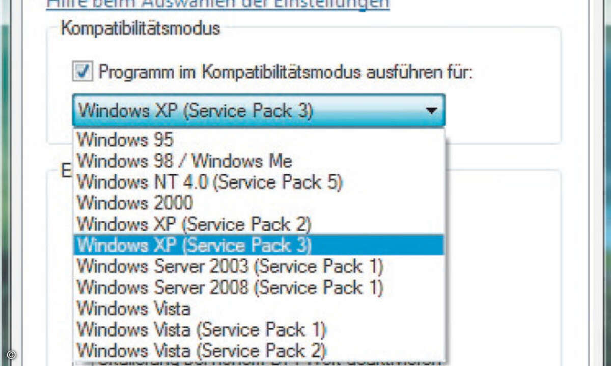 Mit den Optionen unter dem Reiter Kompatibilität bringen Sie viele widerborstige 32-Bit-Anwendungen zum Laufen.