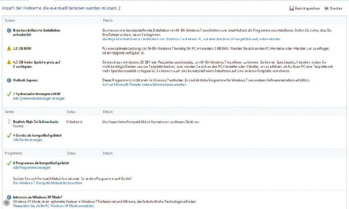 Mit dem Windows 7 Upgrade-Advisor testen Sie vor der Installation von Windows 7, ob Ihre Software-Programme und die gesamte Hardware Windows-7-64-Bit-kompatibel ist.