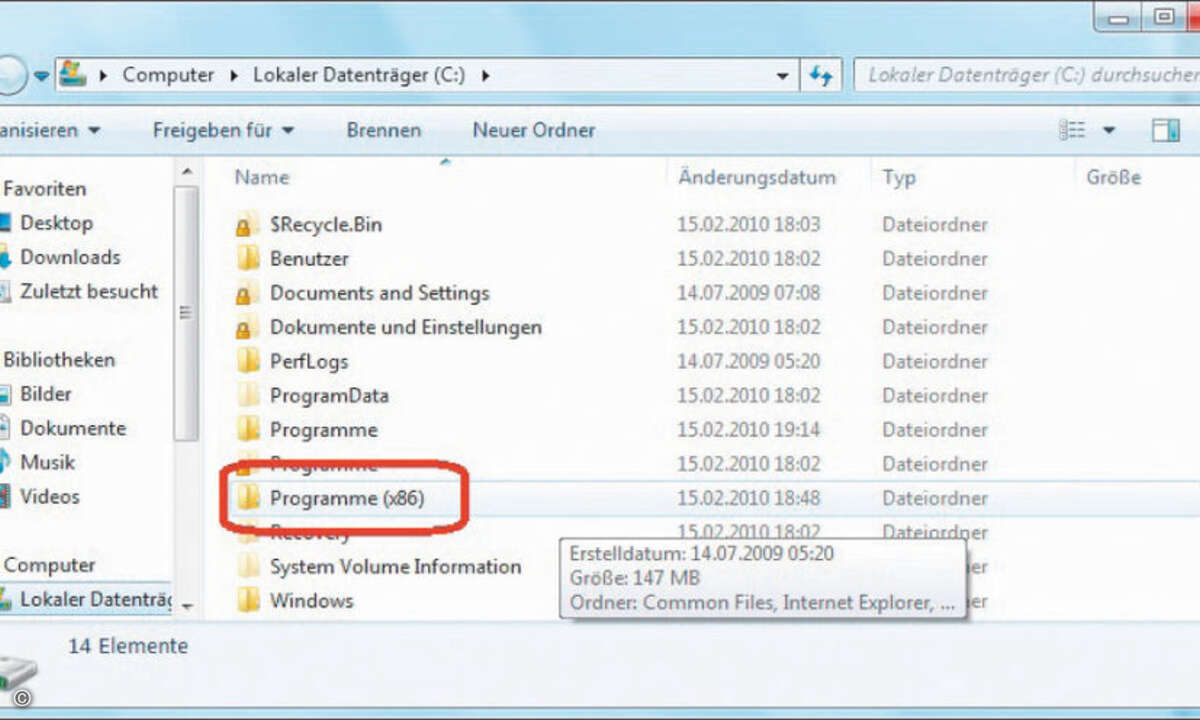 32-Bit-Programme speichert Windows 7 64-Bit standardmäßig in den Ordner Programme (x86).