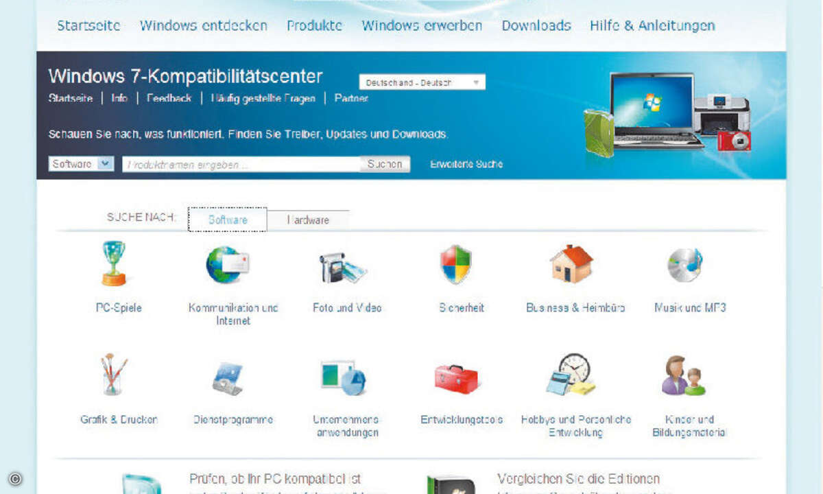 Im Windows-7-Kompatibilitätscenter können Sie nachschauen, ob eine bestimmte Software oder Hardware unter 64-Bit läuft.