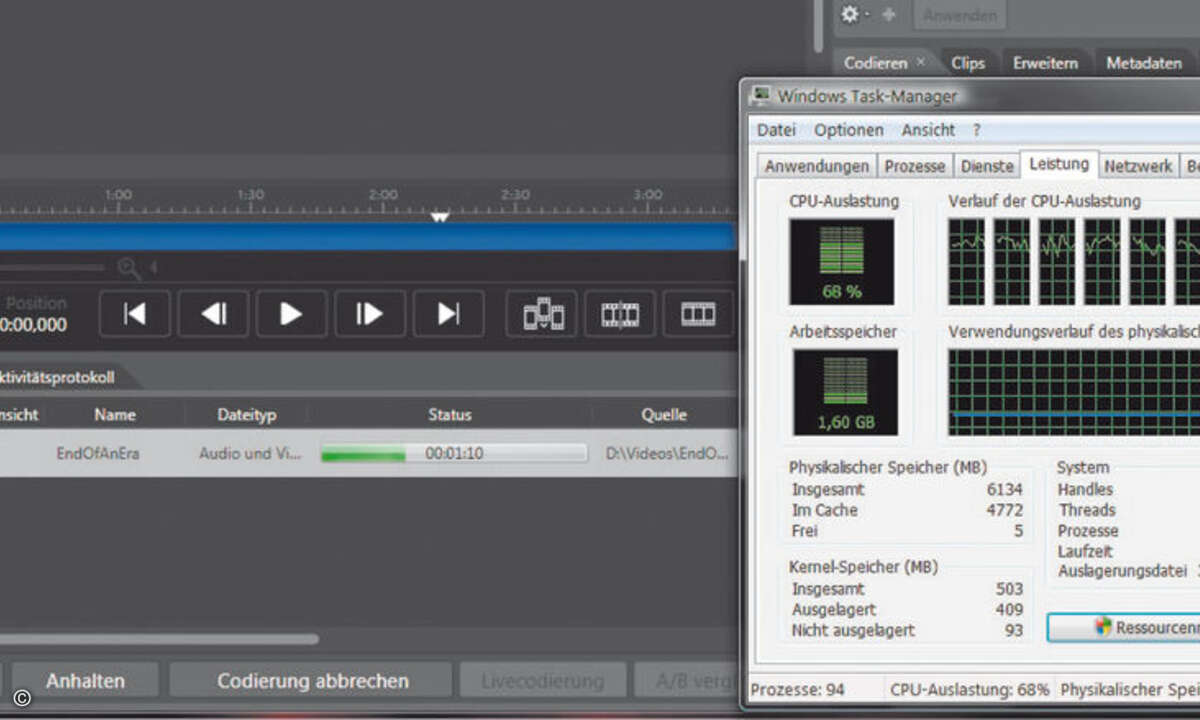 Programme wie der Expression Encoder von Microsoft nutzen alle Kerne von Multicore-Prozessoren aus. Der Screenshot zeigt das Umrechnen eines Videos auf einem Core-i7-Rechner.