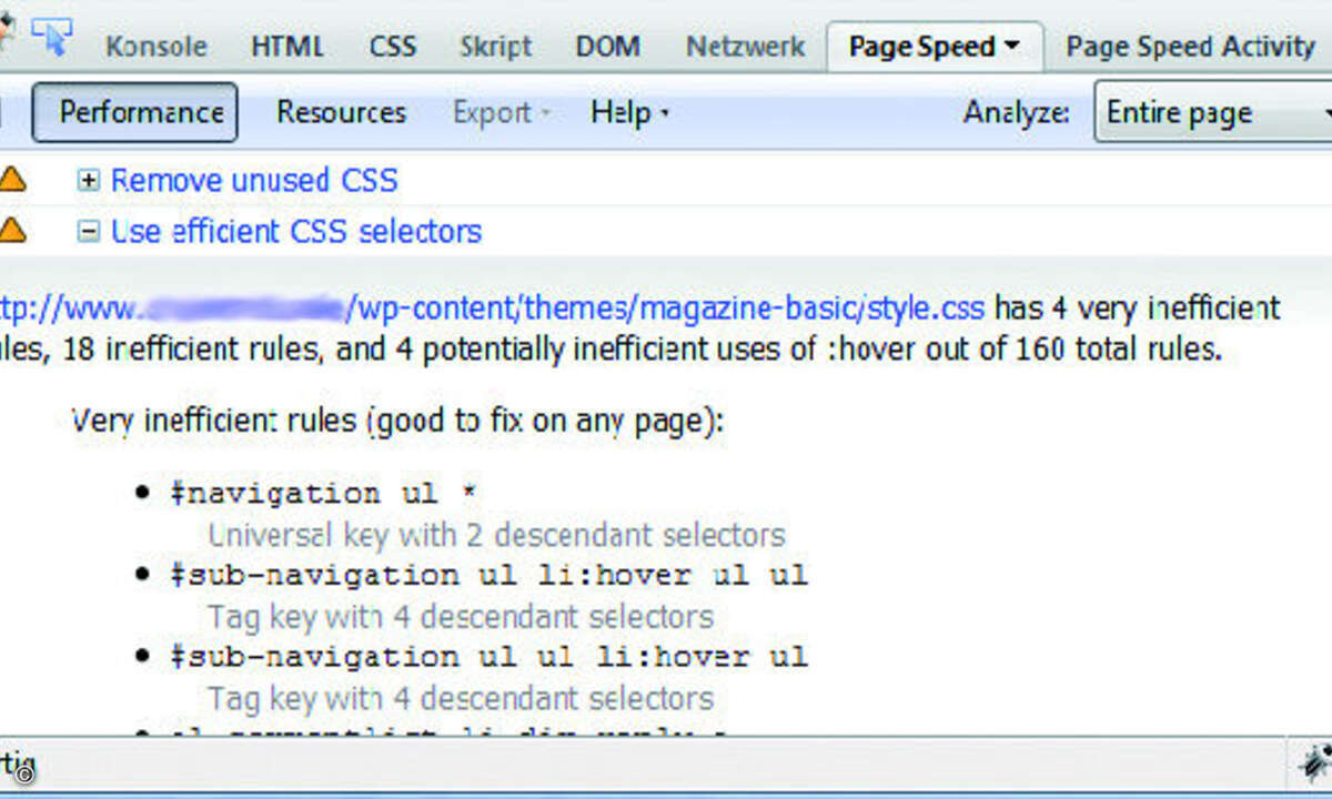 Ineffiziente CSS-Deklarationen mithilfe von Google Page Speed Analyzer aufspüren.