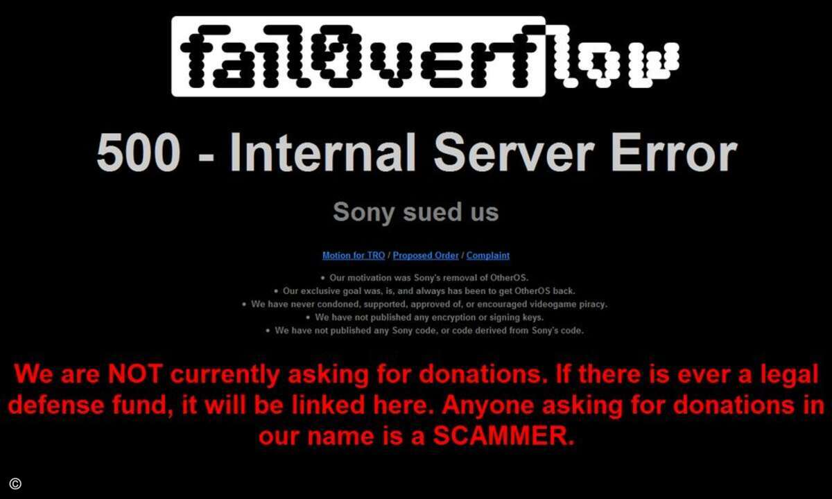 Die "fail0verflow"-Website kurz nach dem ersten (vergeblichen) Versuch Sonys, eine einstweilige Verfügung zu erwirken: Man habe nur "OtherOS" zurückbringen wollen, sei gegen Videospiel-Piraterie, habe keine Keys veröffentlicht und
