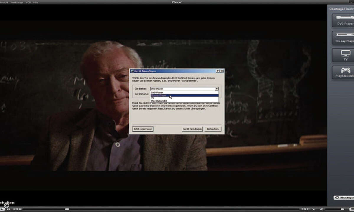 Bei der Wiedergabe des Films ist man nicht an den Computer gebunden. Die Filme lassen sich auch auf DivX-zertifizierten Geräten genießen. Dafür müssen sie zunächst am Computer registriert werden.