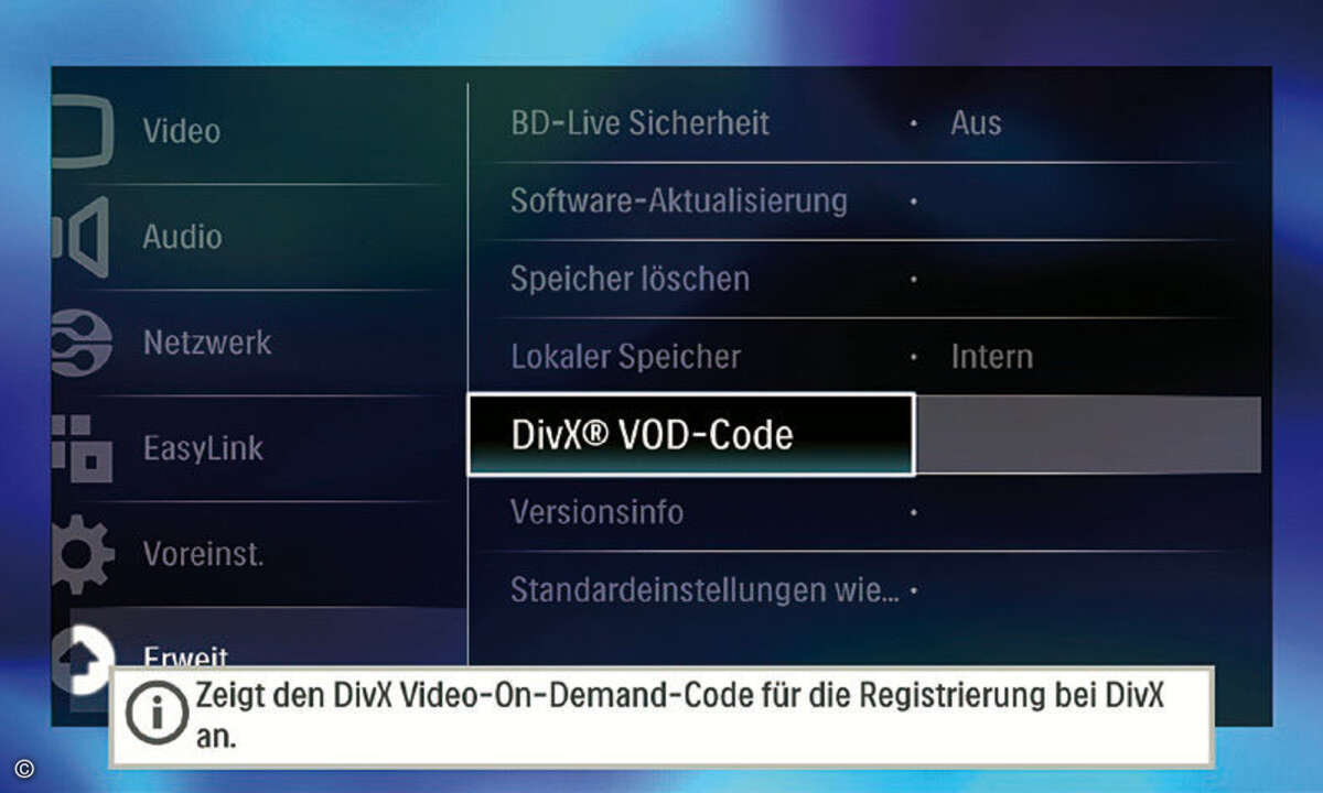 Der DivX-Registrierungscode des Players muss am Computer eingegeben werden. Die Software auf dem PC erstellt ein Video, das den zertifizierten Player bei der Wiedergabe freischaltet.