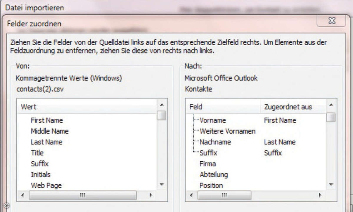 Beim Import von CSV-Dateien in Outlook muss der Anwender umständliche Feldzuordnungen treffen.