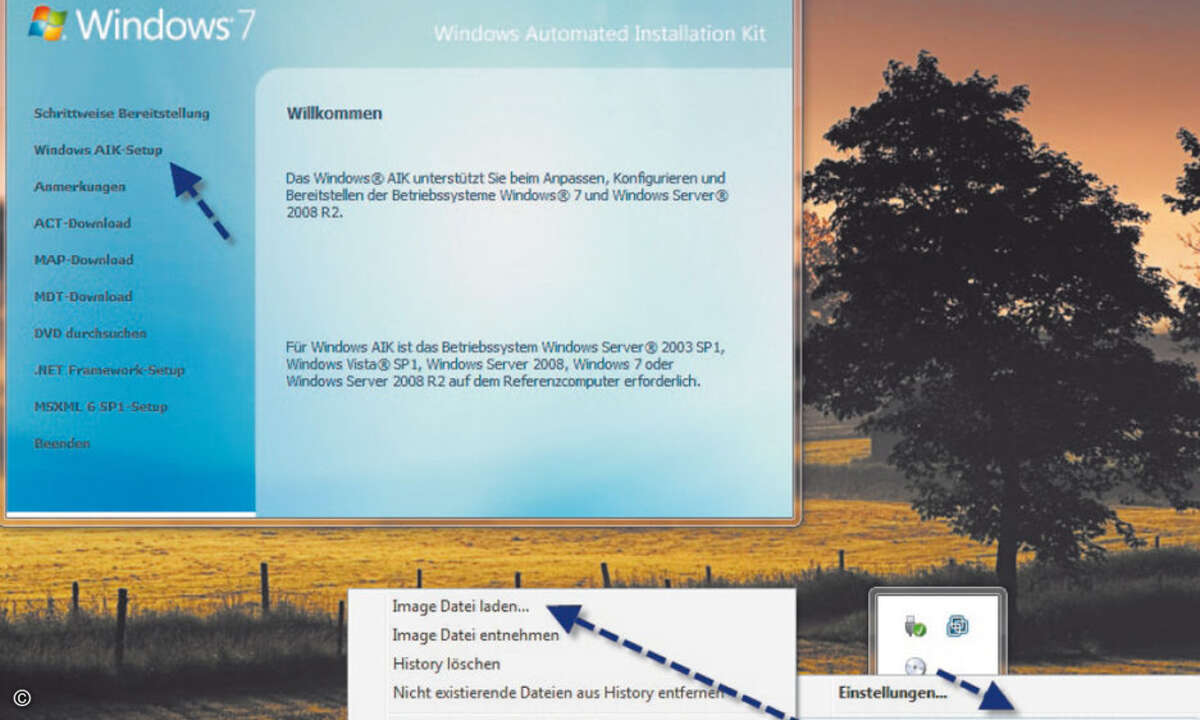 Installieren Sie das Windows Automated Installation Kit (WAIK) auf einem Computer: Die 1,7 GByte großen ISO-Datei könne Sie entweder brennen und danach starten oder als Image-Datei laden.