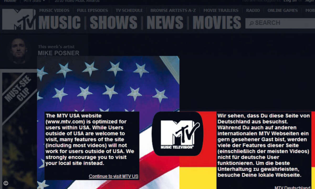 Wer versucht, aus Deutschland auf eine US-Streaming-Site zuzugreifen, steht oft vor verschlossenen Türen (hier MTV).