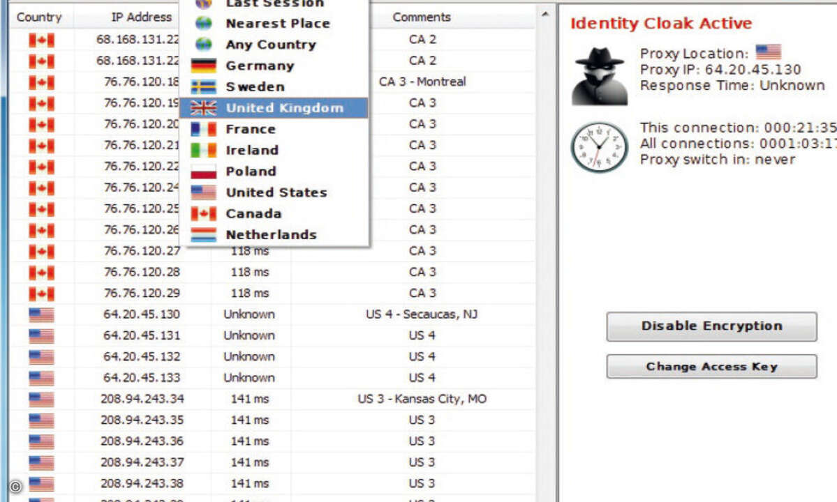In der Datenbank des kostenpflichtigen Anonymitäts-Tools Identity Cloaker 1.1.9 sind über 100 Proxy-Server aus neun verschiedenen Ländern aufgeführt.