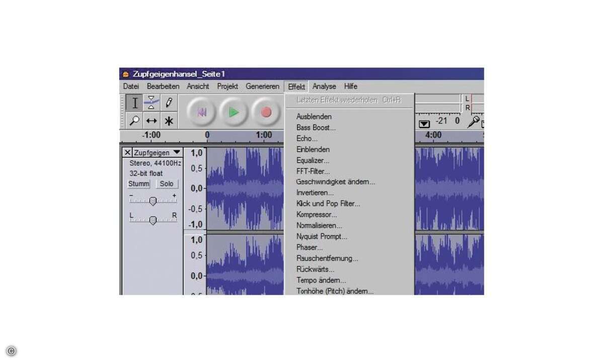 Audacity bietet eine Vielzahl von Filtern für die Klangbearbeitung.