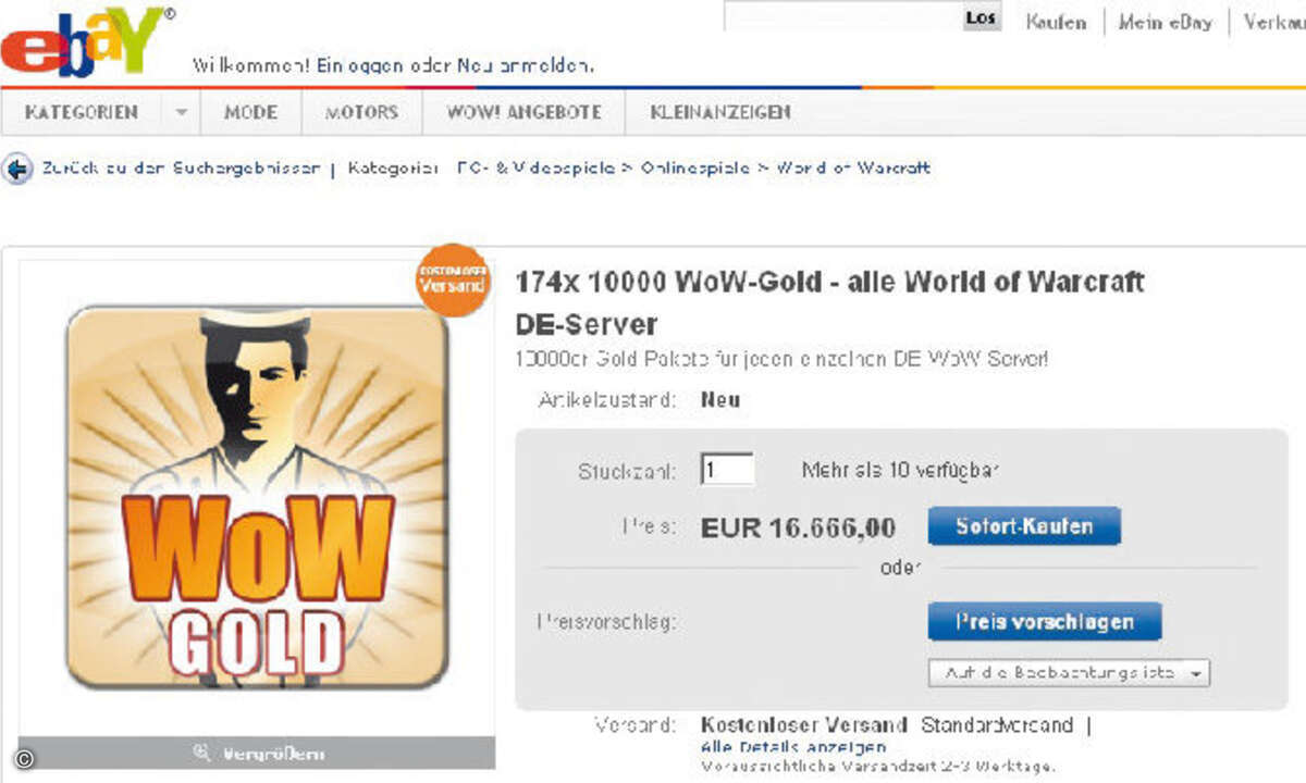 Spezialisierte Händler verkaufen größere virtuelle Gold-Summen für echtes Geld über eBay.