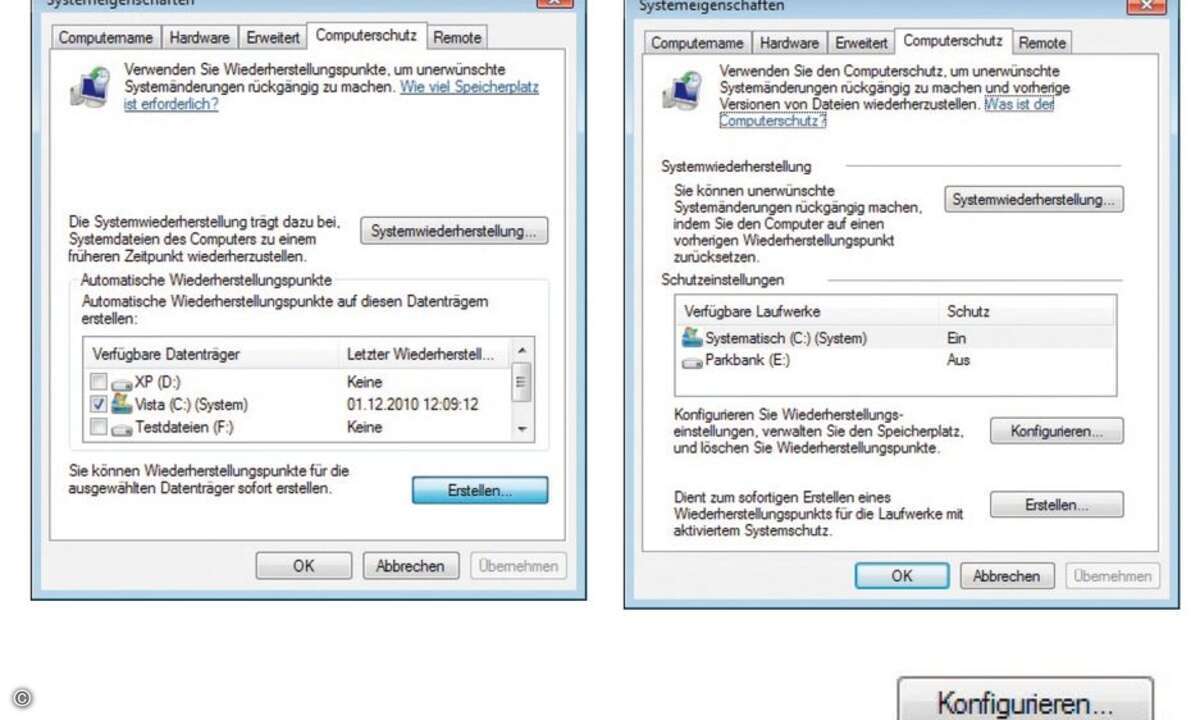 Bei Windows Vista fehlt der Konfigurationsknopf, mit dem man ins Menü gelangt, um die Größe des Schattenspeichers einzustellen. Nutzer von Windows Vista haben es nicht so leicht. Sie können die Größe per vssadmin-Befehl aber dennoch ändern.