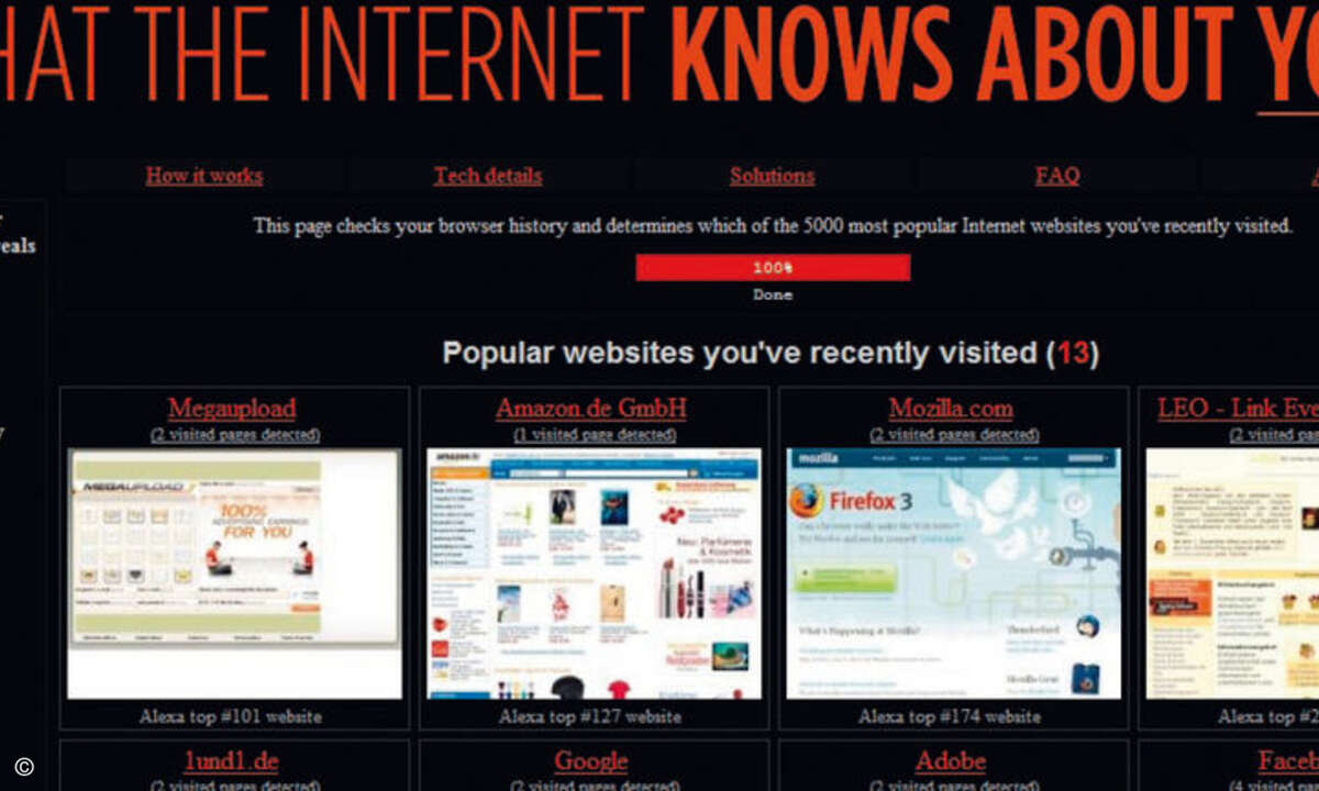 Beim diebischen Auslesen der History fragt ein JavaScript viele hundert bekannte Webseiten ab, um festzustellen, welche Links der Browser als besucht markiert.