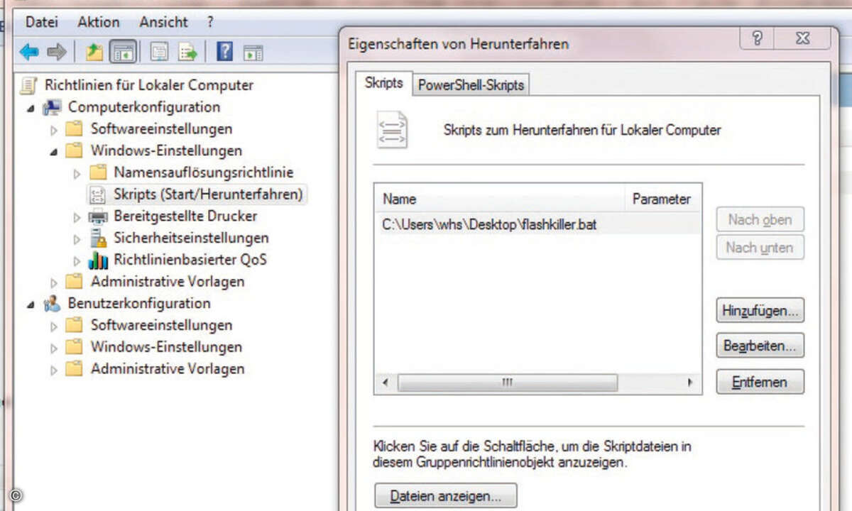 Das Löschskript lässt sich in den Gruppenrichtlinien verankern, so dass Windows es bei jedem Herunterfahren ausführt.