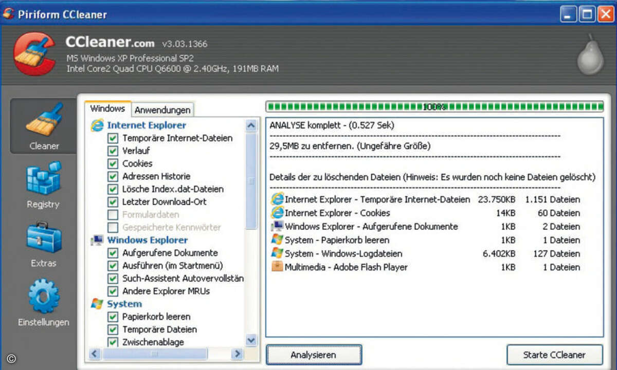 Aufräumdienst: CCleaner löscht überflüssige Dateien und repariert Registry-Einträge.