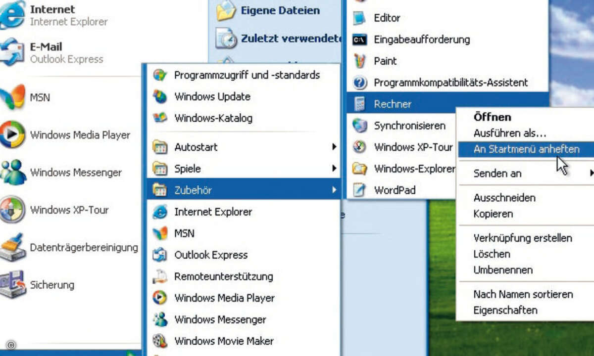 Logenplatz: Über dieses Kontextmenü heften Sie eine Programmverknüpfung ganz oben im XP-Startmenü an.