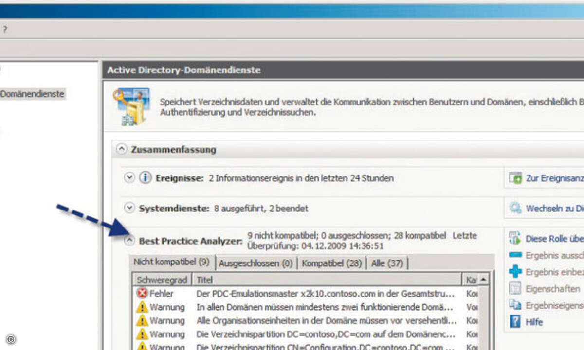 Best Practices Analyzer helfen bei der Fehlersuche und Kontrolle der Server-Dienste.