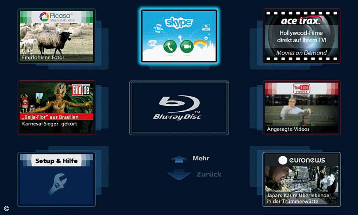 Zum Skypen muss der Besitzer eines Panasonic-Players nicht das Online-Portal Viera Cast aufrufen. Die Fernbedienung bietet auch den Schnellzugriff.