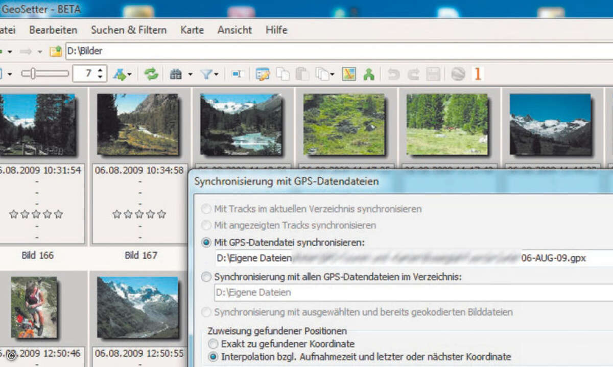 Bilder und Datentrack auswählen: Geosetter versieht die Fotos daraufhin automatisch mit Geo-Koordinaten.