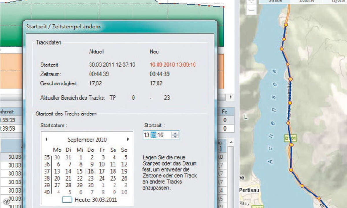 GPS-Track-Analyse.Net passt die Zeitpunkte der Track-Punkte auf Wunsch beliebig an.