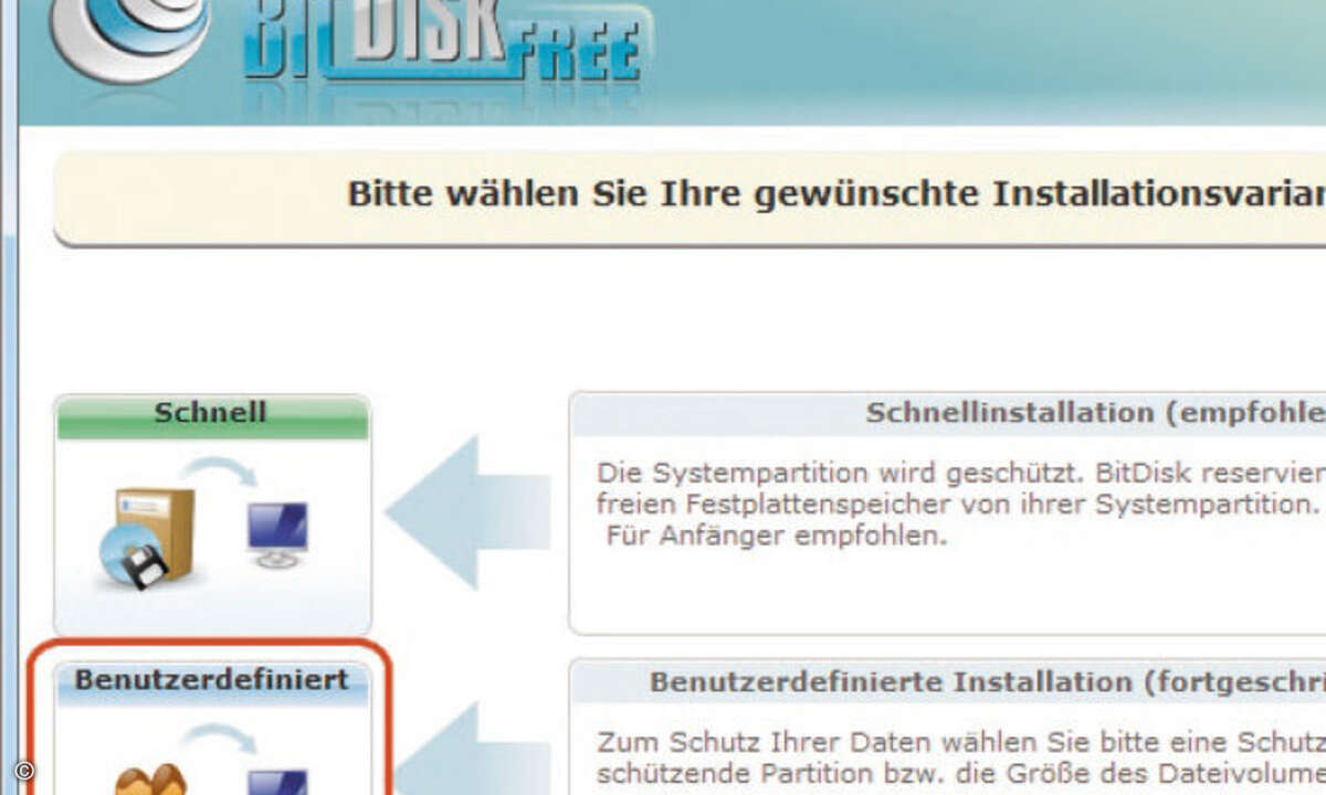 Die benutzerdefinierte Installation von BitDisk Free erlaubt genaue Einstellungen.
