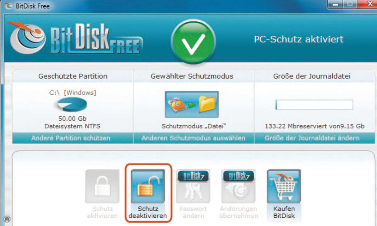 BitDisk bietet die Möglichkeit, den PC-Schutz auszuschalten, um Änderungen dauerhaft zu übernehmen.