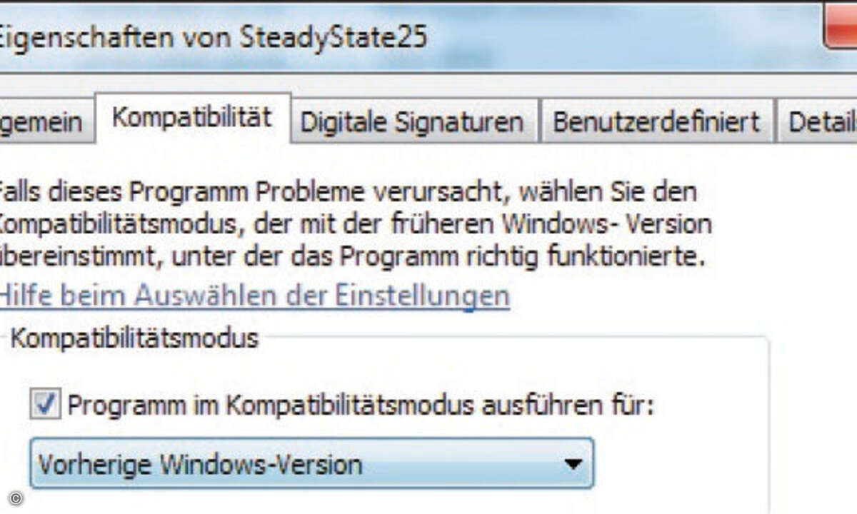 Für die Installation von Steady State ist das Setup im Kompatibilitätsmodus zu starten.