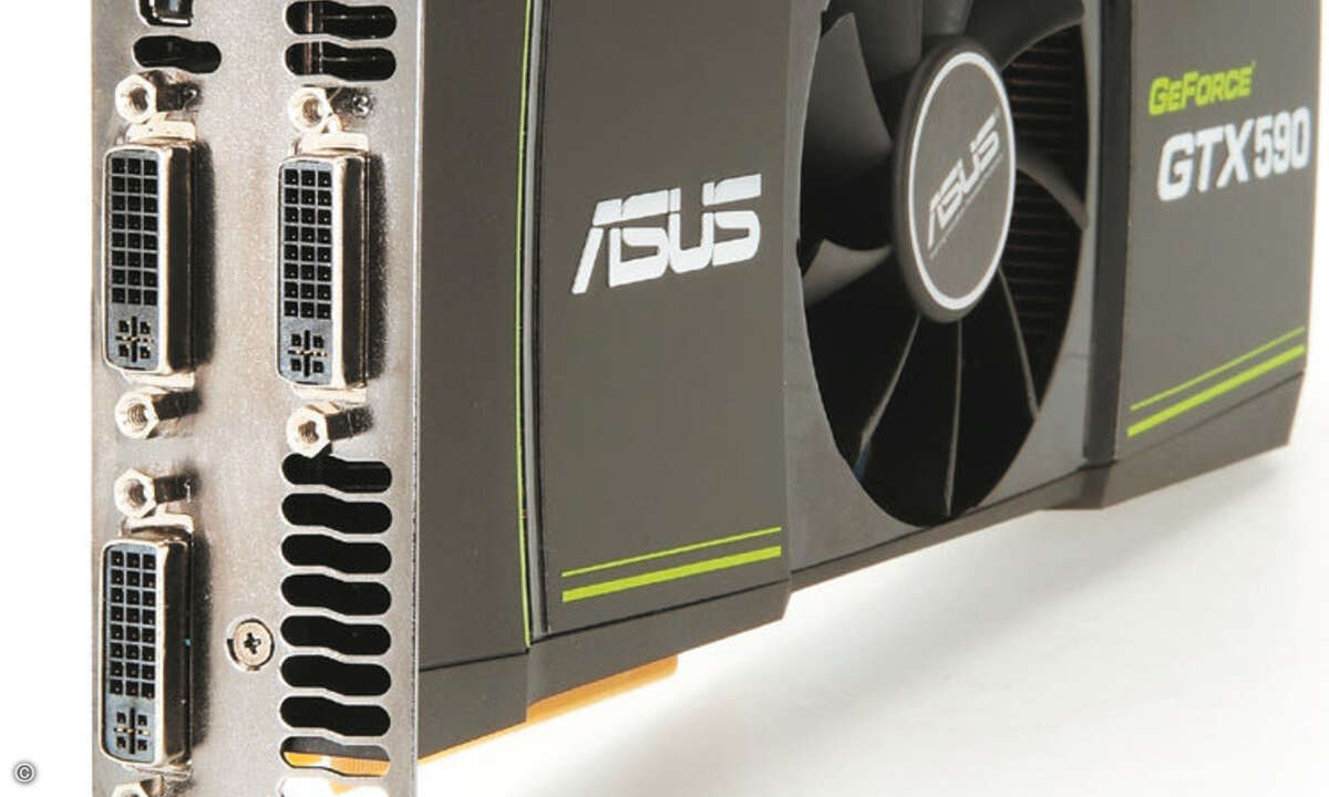 In der Brust von Nvidias GeForce GTX 590 schlagen ebenfalls zwei Herzen. Für einen eindeutigen Sieg reicht es jedoch nicht.