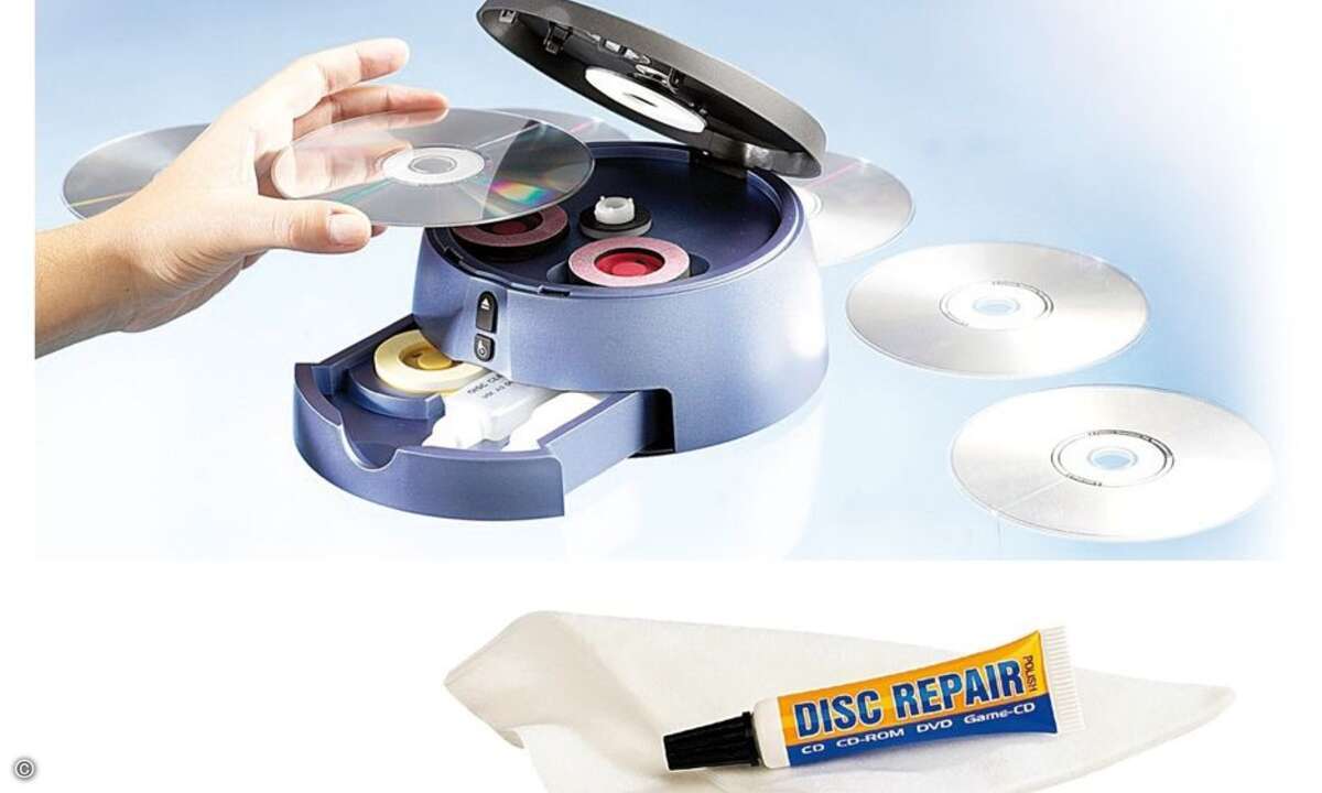 © Video Homevision Eine verschmutzte Scheibe könne man vorsichtig selbst reinigen, sagt Expertin Sandra Fritzsch. Bei Versandprofi Pearl gibt‘s dazu das passende Equipment: Mit dem Q-Sonic CD/DVD/Blu-ray-Reparatur-Set PRO III (links) lassen sich die