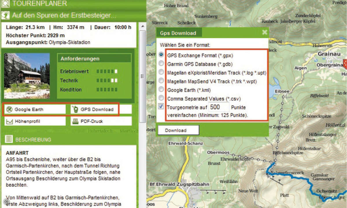 Viele Internetportale bieten Touren als Tracks zum Download: im Beispiel der Weg zur Zugspitze. © PCgo