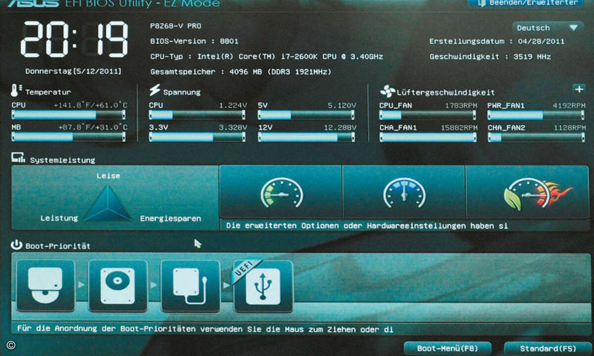 Textmodus adé: Ein UEFI-BIOS, hier das von Asus, wird über eine grafische Oberfläche mit Mausunterstützung bedient. © PC Magazin