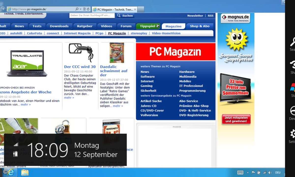 © PC Magazin Internet Explorer mit Windows-8-Navigationsleiste rechts.