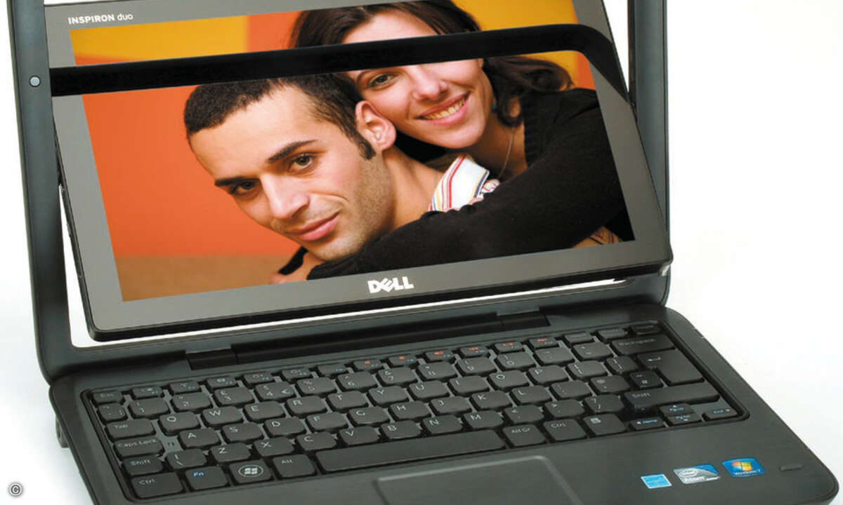 © PC Magazin Grenzgänger: Das Inspiron Duo von Dell verwandelt sich mit einem Dreh des Displays von einem Netbook in ein Windows-Tablet.