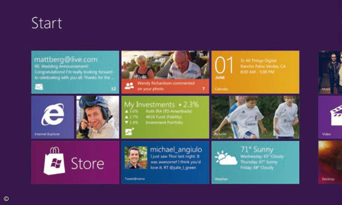 © PC Magazin Der für Tablets optimierte Metro-Startscreen von Windows 8 erinnert mit seinen Live-Tiles an Windows Phone 7.