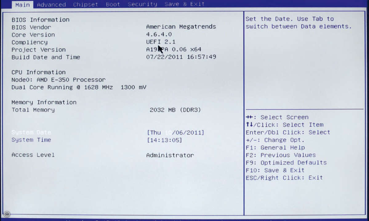 Der Setup-Screen von Aptio, der UEFI-Implementierung von AMI, ähnelt einem traditionellen BIOS-Setup – allerdings mit Maus-Unterstützung.