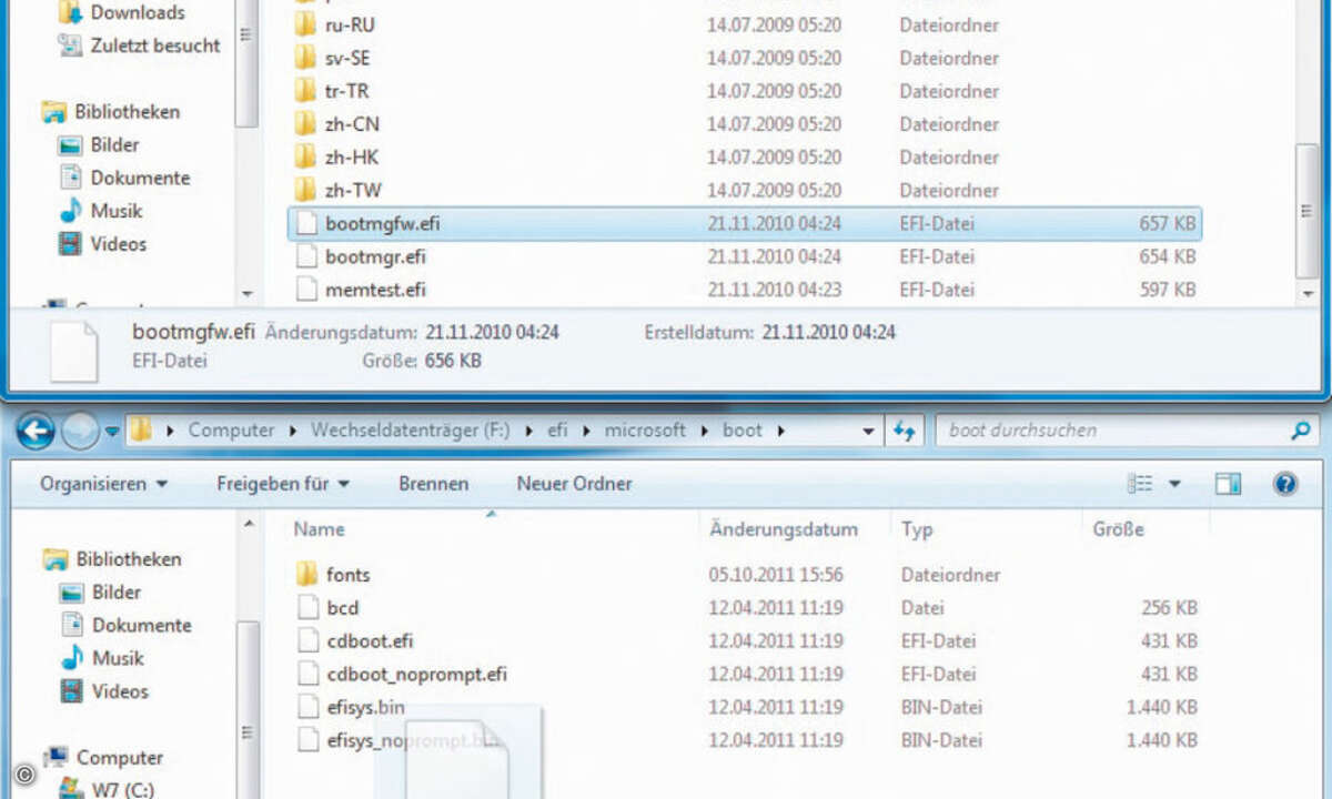 Soll ein UEFI-Windows von einem Stick installiert werden, muss die Datei BOOTMGFW.EFI aus einem installierten Windows kopiert werden.