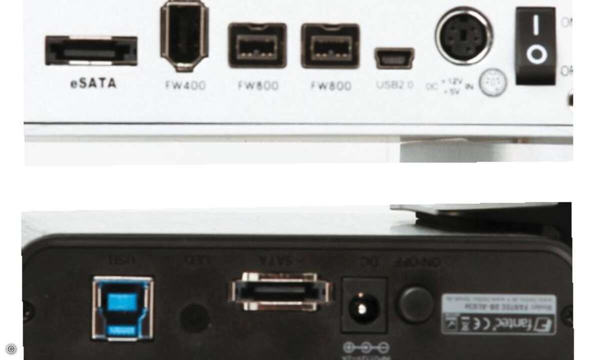 Die Anschlüsse der 3,5-Zoll-Platten: USB 3.0 (unten links) ist immer blau und unterstützt auch USB-2.0-Stecker. Oben: eSATA, FireWire 400, 800 und Mini-USB 2.0.