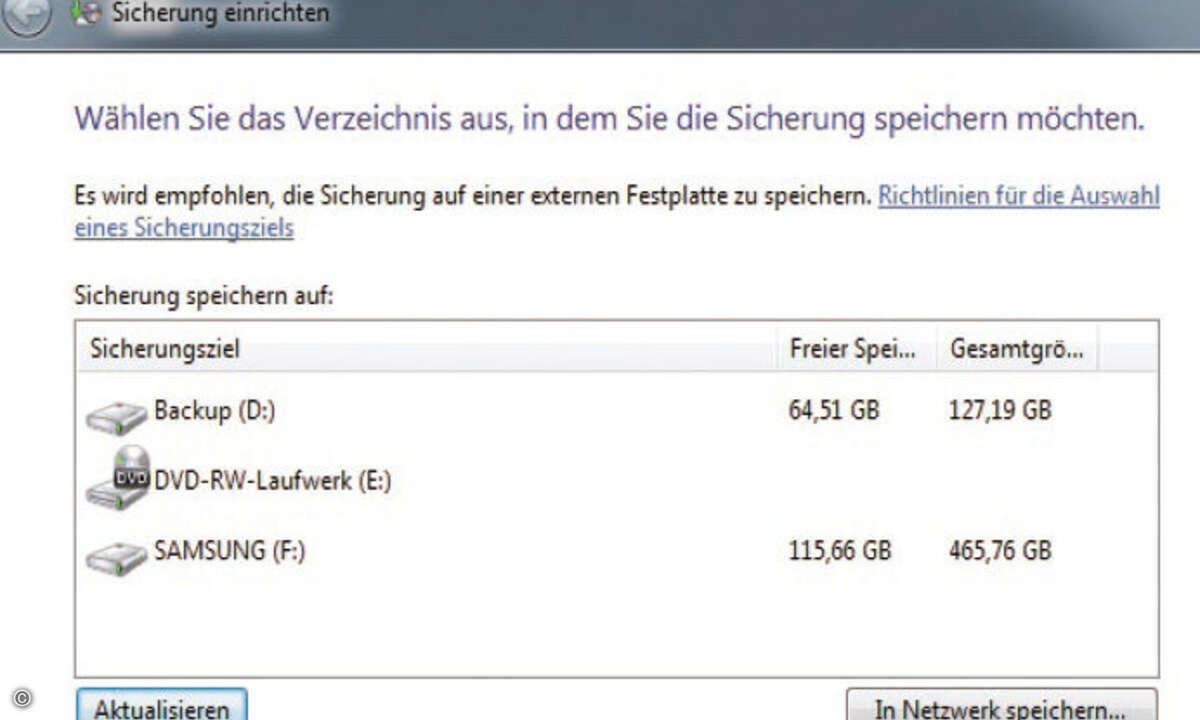 Hier wählen Sie das Medium aus, auf dem das Backup angelegt werden soll.