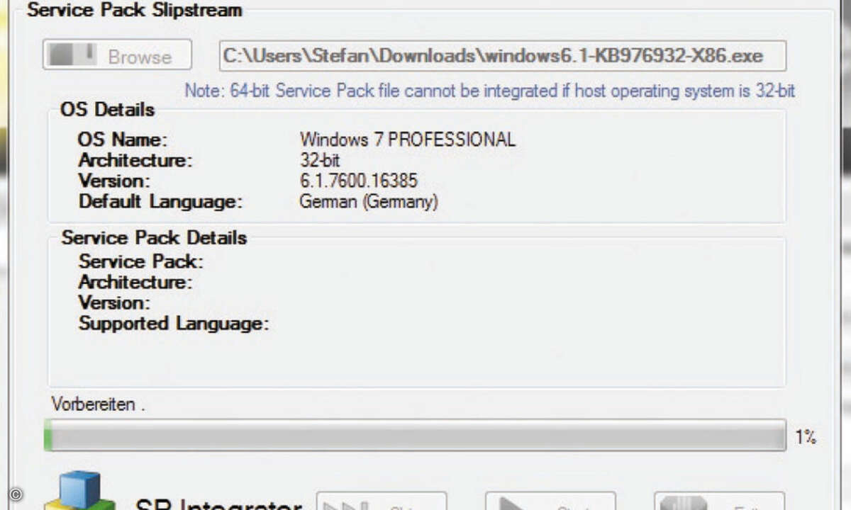 Mit dem Service Pack Integrator von RT se7en Lite integrieren Sie das aktuelle Service Pack in die zu erstellende Windows-DVD.
