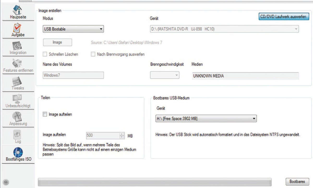 Mit diesem Menü erstellen Sie einen bootbaren USB-Stick mit einem kompletten Windows 7 inklusive aktuellem Service Pack.