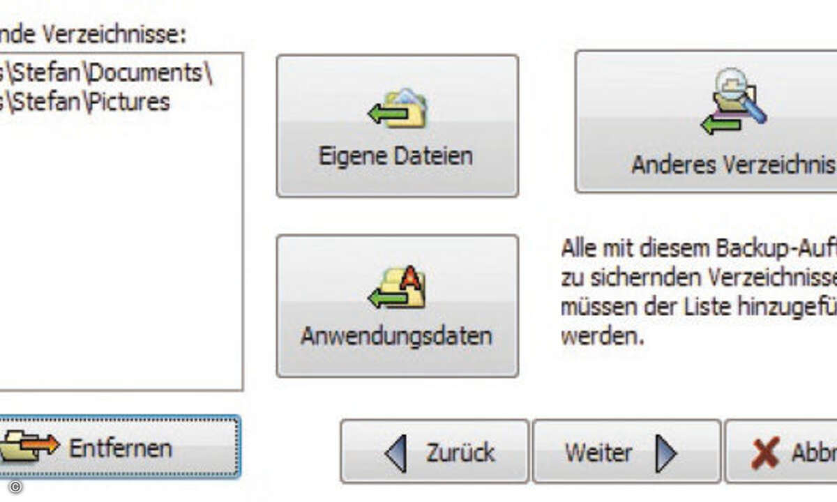 Der Datensicherungs-Assistent ist sehr einfach zu bedienen. Wählen Sie alle zu sichernden Daten aus.