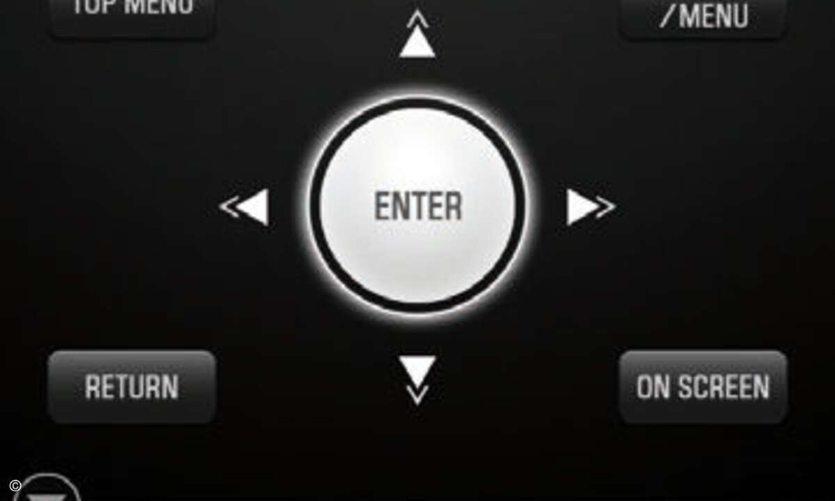 Der AV-Controller von Yamaha ist ganz ähnlich aufgebaut wie die Pioneer-App. Allerdings drängen sich bei der Blu-ray-Player-Steuerung mehr und kleinere Tasten auf einer Bildschirmseite. Oben sitzt stets das Cursorkreuz , im unteren Bildschirmdrittel